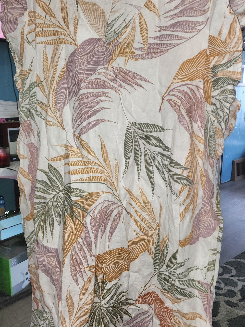 Tahari White Maxi Palm Dress with Olive, Mauve and Mustard Leaf Print